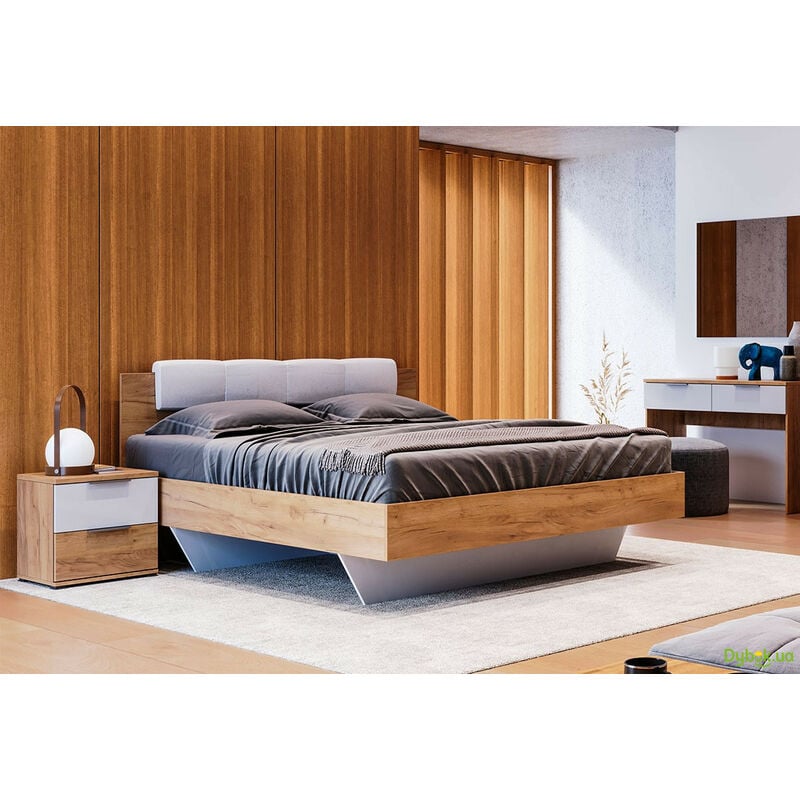 Azura Home Design - lit asto avec chevets , blanc laqué et chêne clair 160x200 cm