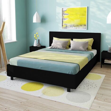 Lit ATLANTA 140x190 – Sommier 28 lattes en bois – Structure métallique – Revêtement PVC noir – Dimensions 208x154x89 cm – Weber Industries