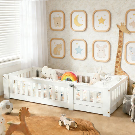 Lit au Sol 120x200cm, Lit Enfant Montessori avec Barrière de Sécurité et Sommier, Bois Massif Pin, Lit simple cabane 1 place, Blanc