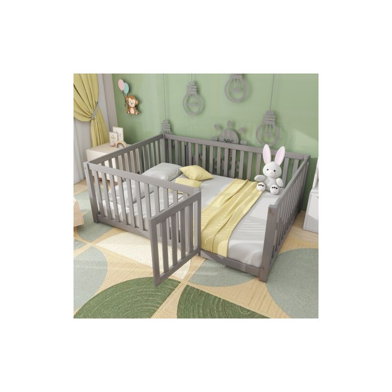 Wishdor - Lit au sol 140x200 cm, lit au sol bébé, lit enfant, cadre de lit en bois avec barrière et porte, gris