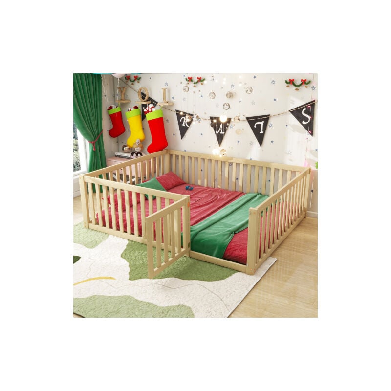 Lit au sol 140x200 cm, lit au sol bébé, lit enfant, cadre de lit en bois avec barrière et porte, naturel