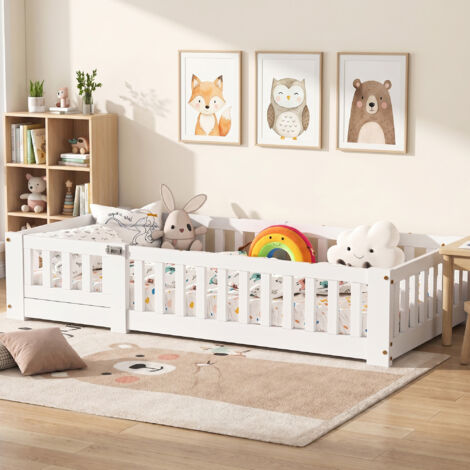 Lit au sol 90x190 cm–Lit enfant 90x190 cm avec barrières de sécurité– sommier à lattes–Pin massif– blanc