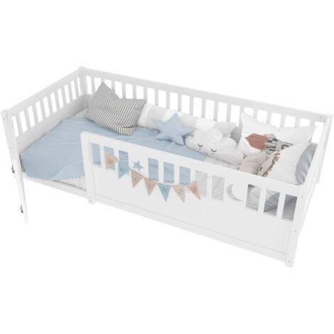 Lit au Sol 90x190cm - En Bois avec Barrière Verrouillable & Étoiles - Pour Enfant, Chambre - Blanc
