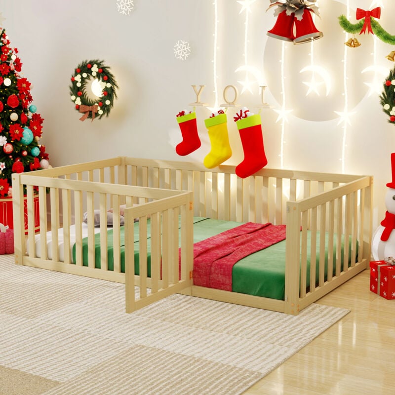 Wishdor - Lit au sol 90x200 cm, lit au sol bébé, lit enfant, cadre de lit en bois avec barrière et porte, naturel