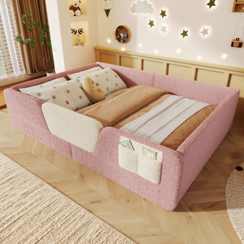 Lit au sol, lit 140x190 cm avec barrières de sécurité amovibles, poche en tissu intégrée, rose velours, sans matelas