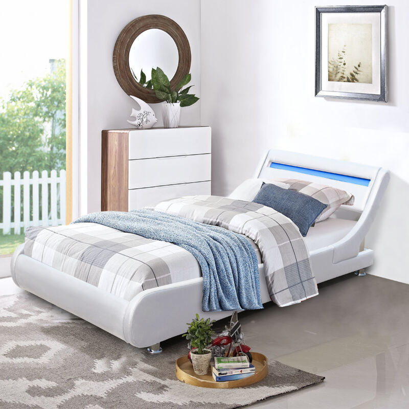 Literie Julien - Lit ava pour matelas 90x190 - Sommier + Tête de Lit eclairage led Incurve Couleur blanc + Pieds en 5 cm pour matelas - 13 Lattes