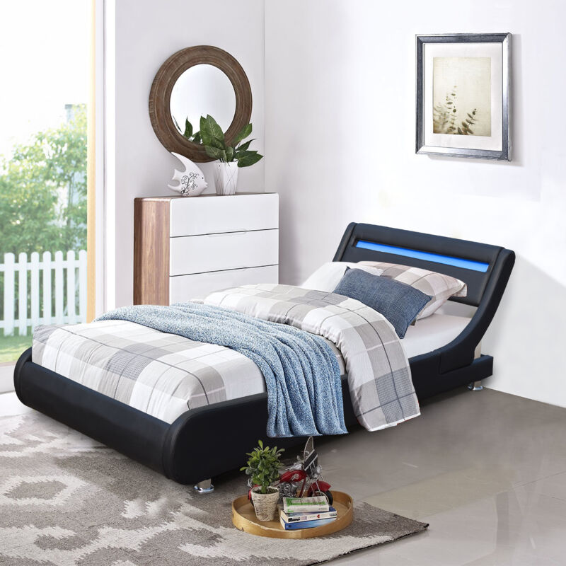 Literie Julien - Lit ava pour matelas 90x190 - Sommier + Tête de Lit eclairage led Incurve Couleur noir + Pieds en 5 cm pour matelas - 13 Lattes