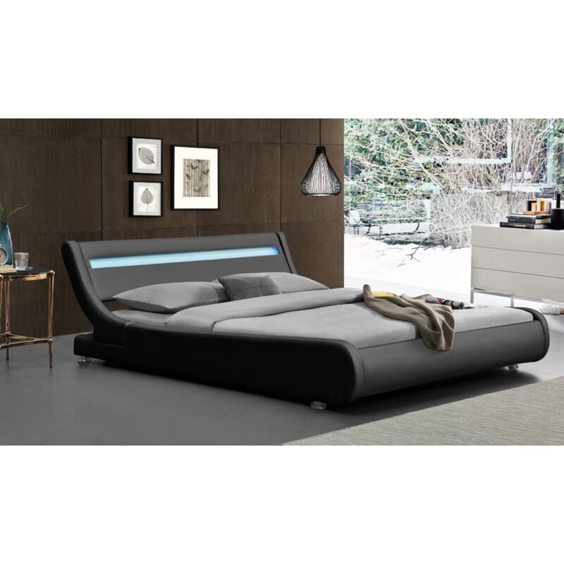 Literie Julien - Lit ava pour matelas 120x190 - Sommier + Tête de Lit eclairage led Incurve Couleur noir + Pieds en 5 cm pour matelas - 13 Lattes