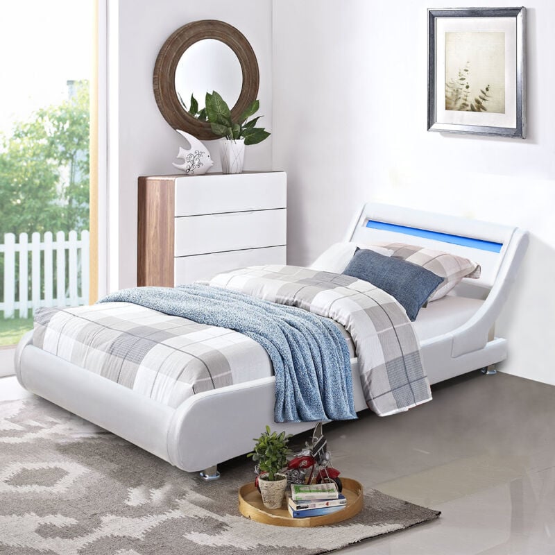 Literie Julien - Lit ava pour matelas 90x200 - Sommier + Tête de Lit eclairage led Incurve Couleur blanc + Pieds en 5 cm pour matelas - 13 Lattes