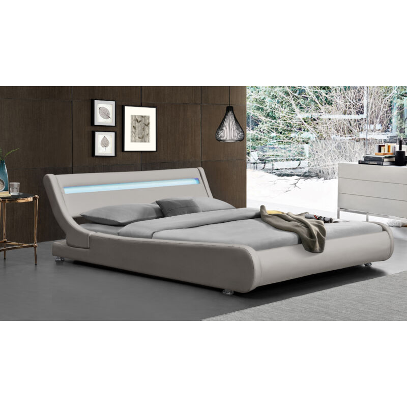 Literie Julien - Lit ava pour matelas 140x190 - Sommier + Tête de Lit eclairage led Incurve Couleur gris + Pieds en 5 cm pour matelas - 2 x 13 Lattes