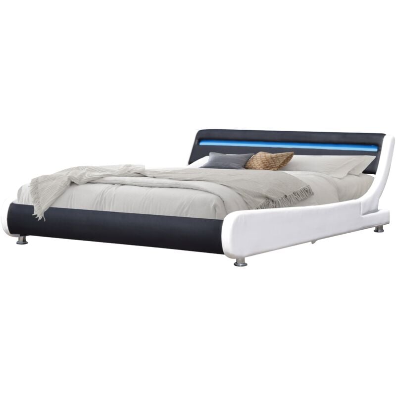 Lit ava pour matelas 160x200 - Sommier + Tête de Lit eclairage led Incurve Couleur blanc & noir + Pieds en 5 cm pour matelas - 2 x 13 Lattes