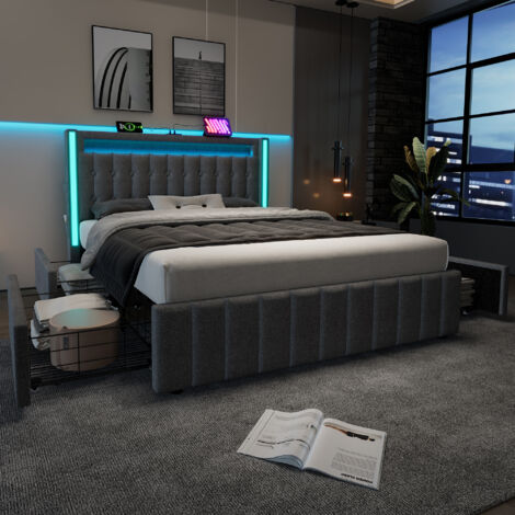 Lit avec 2 tiroirs 140x200cm rembourré en lin - avec fonction de charge et éclairage LED - Gris