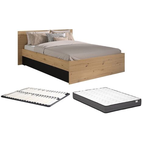 Lit avec 2 tiroirs 160 x 200 cm - Coloris : Naturel et noir + Sommier + Matelas - VARLY