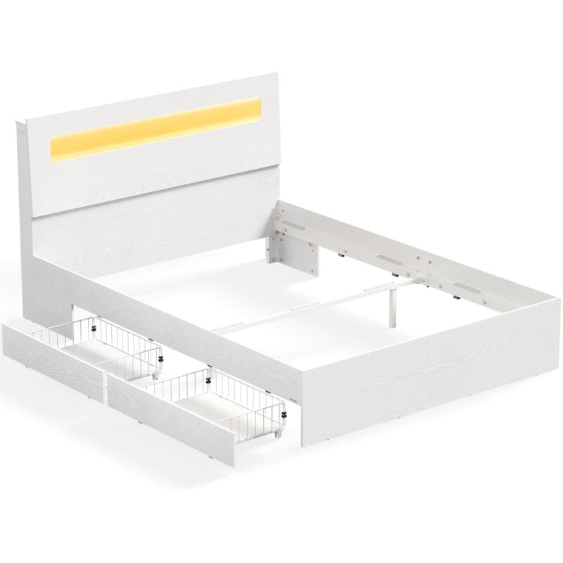 Vasagle - Lit avec 2 Tiroirs Coulissants 140 x 190 cm, Lit Double, Cadre de Lit, avec led, Multiprise, en mdf et Acier, sans Sommier, pour Chambre