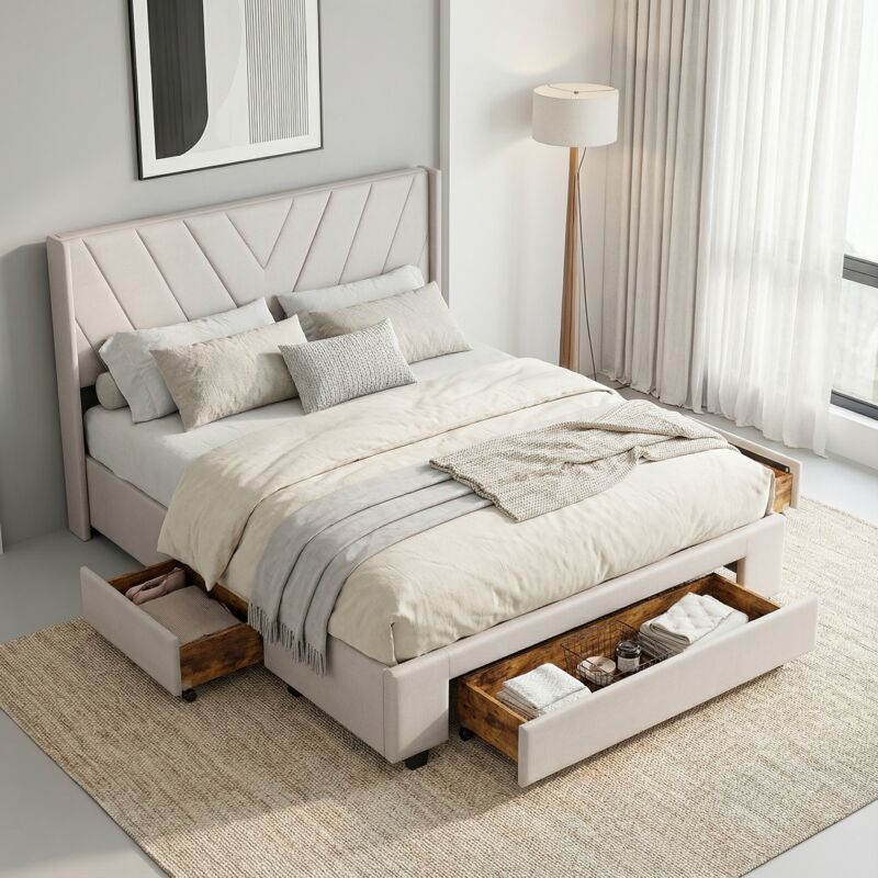 Lit avec 3 tiroirs 140x200, lit double capitonné, lit avec rangement en tissu lin, lit adulte avec tête de lit design géométrique, style scandinave