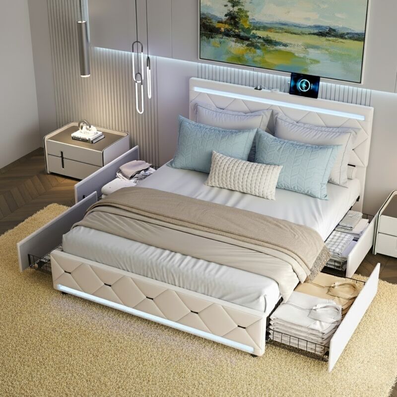 Lit avec 4 tiroirs 160x200 cm, lit capitonné en velours, avec rangement, led et ports usb, sommier à lattes en bois, cadre en métal, style moderne