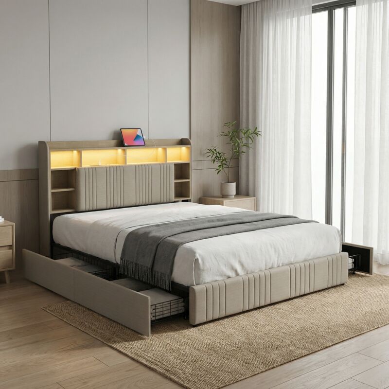 Lit avec 4 tiroirs 160x200 cm, lit double avec LED et USB, tête de lit avec rangement, Bois et Lin, Style moderne, Beige
