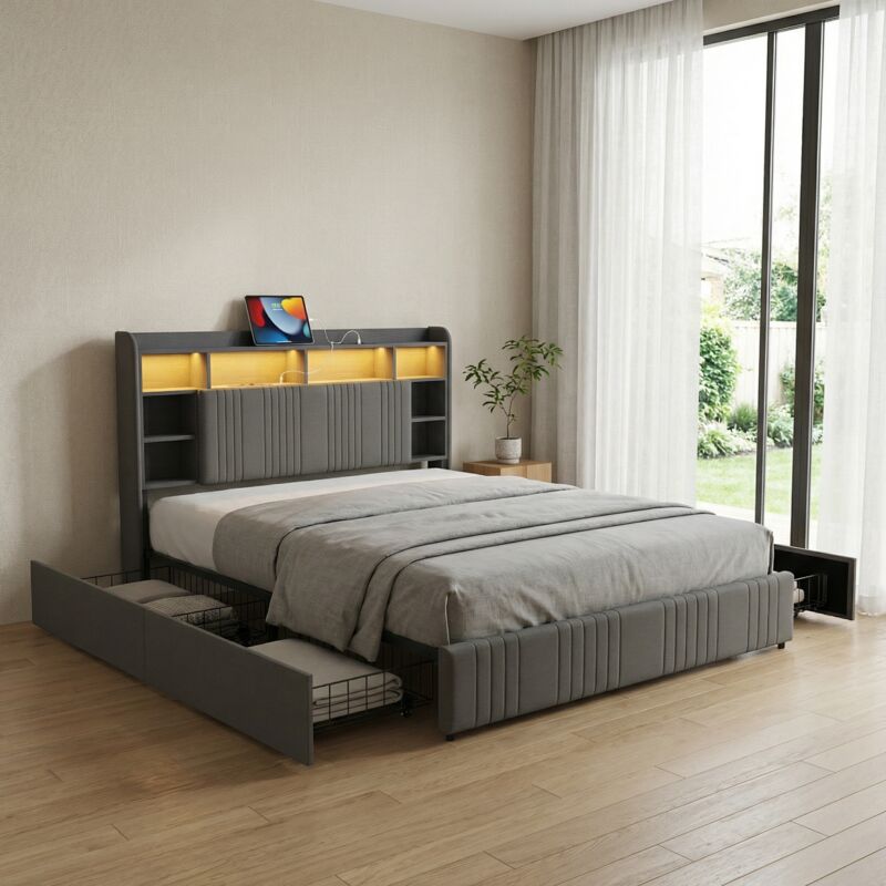 Lit avec 4 tiroirs 160x200 cm, lit double avec LED et USB, tête de lit avec rangement, Bois et Lin, Style moderne, Gris