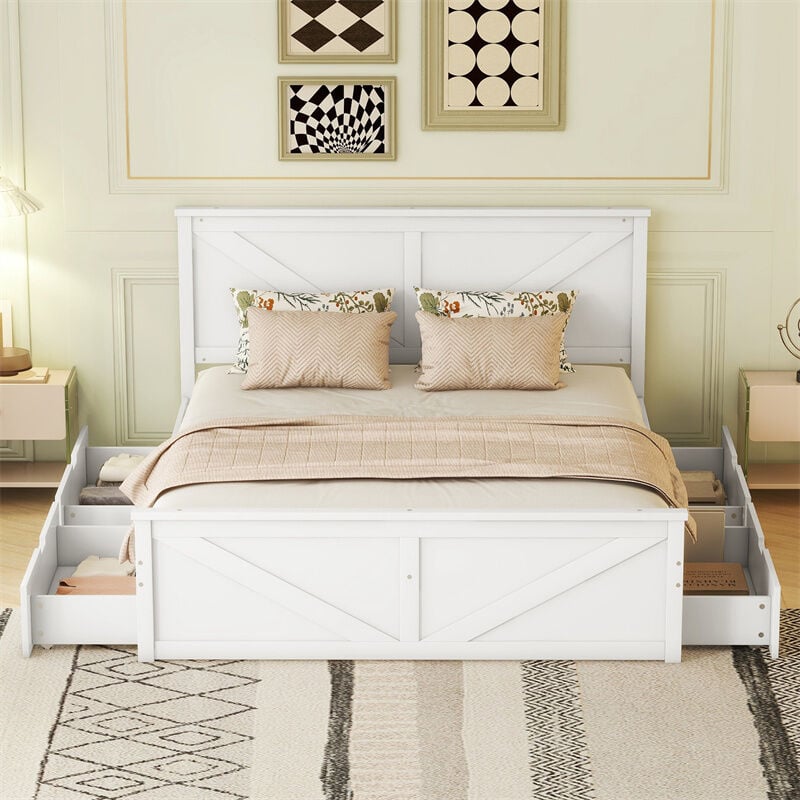 Lit avec 4 tiroirs 160x200cm - cadre et tête de lit en bois massif avec sommier à lattes en bois nqturel style industriel - Blanc