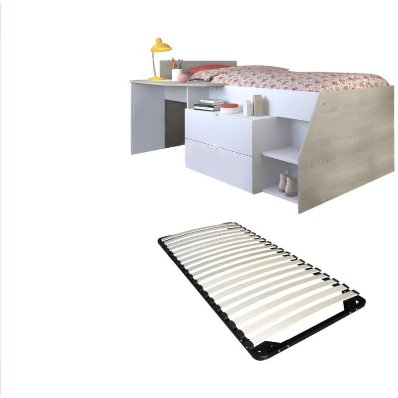 Vente-unique - Lit avec bureau et rangements - 90 x 190/200 cm - Blanc et naturel + Sommier - gisele