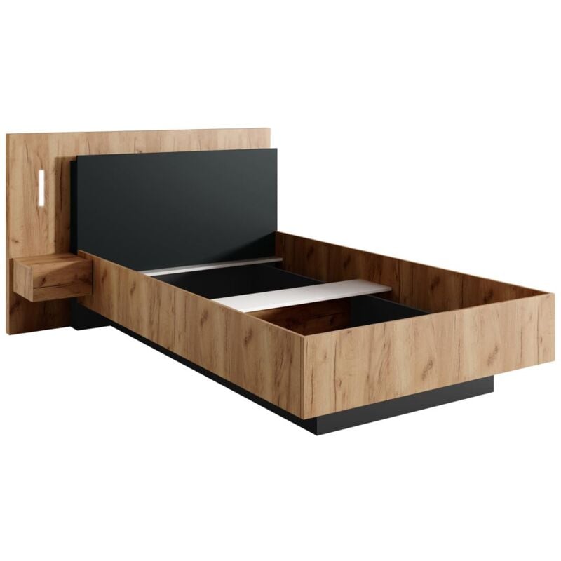 Lit avec chevet 120 x 200 cm - 1 tiroir - Avec LEDs - Coloris : Naturel et anthracite - francoli