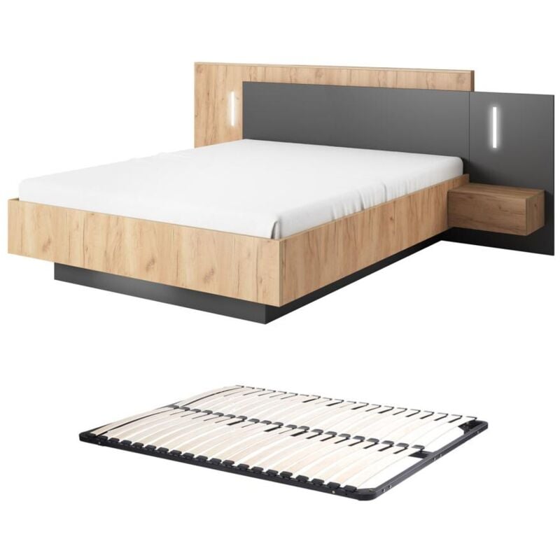 Lit avec chevets 140 x 190 cm - 2 tiroirs - Avec LEDs - Coloris : Naturel et anthracite + Sommier - francoli