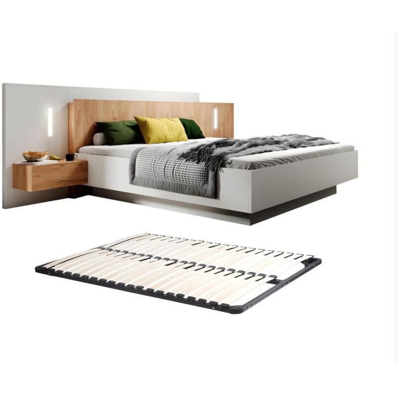Lit avec chevets 160 x 200 cm - 2 tiroirs - Avec LEDs - Coloris : Blanc et naturel + Sommier - francoli
