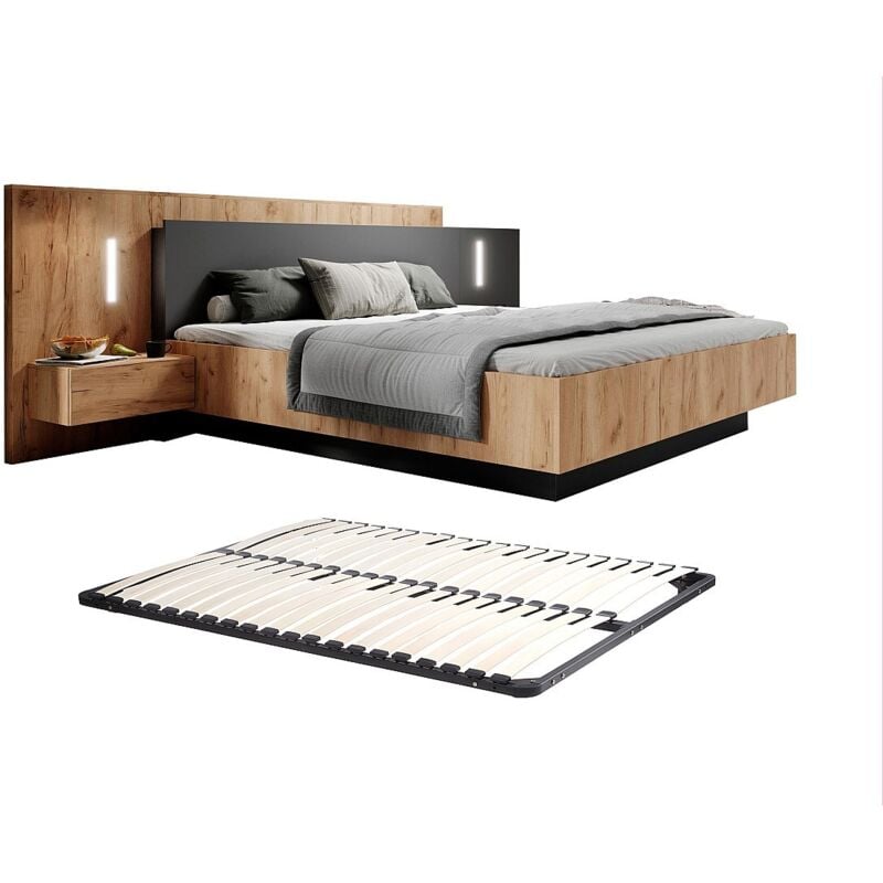 Vente-unique - Lit avec chevets 160 x 200 cm - 2 tiroirs - Avec LEDs - Coloris : Naturel et anthracite + Sommier - francoli