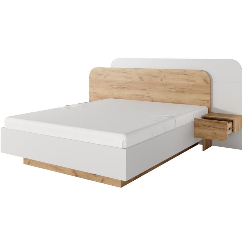 Lit avec chevets 160 x 200 cm - Avec LEDs - Coloris : Naturel et blanc - desado
