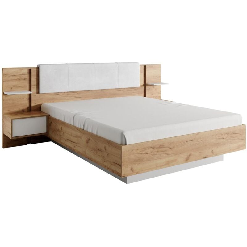 Vente-unique - Lit avec chevets 160 x 200 cm - Avec LEDs - Coloris : Naturel et blanc - elynia