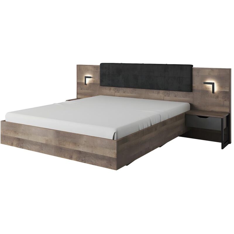 Lit avec chevets 160 x 200 cm - Avec LEDs - Coloris : Naturel et anthracite - laonile