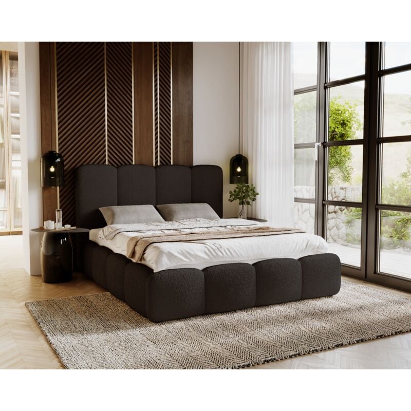 Emporius - Lit avec coffre 140x200 Merkad Boucle - Lit double avec rangement, sommier à lattes & - tissu bouclé Noir (Anthology 19)
