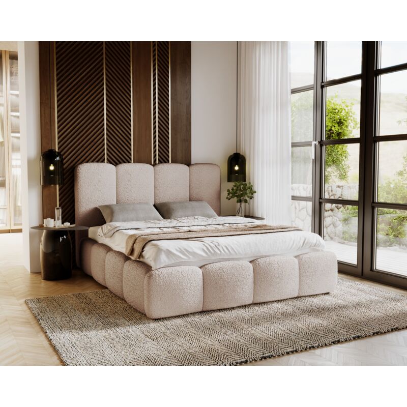Emporius - Lit avec coffre 180x200 Merkad Boucle - Lit double avec rangement, sommier à lattes & - tissu bouclé Beige (Anthology 3)