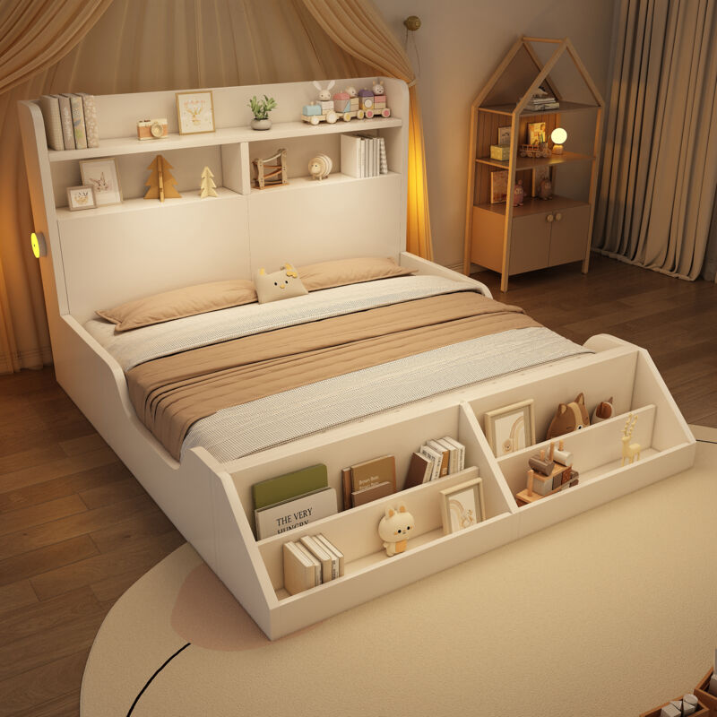 Lit avec Étagères 140×200 cm, Lit Double avec Étagères, 2 Lampes de Nuit et Bibliothèque Amovible, sans Matelas, Bois, Blanc