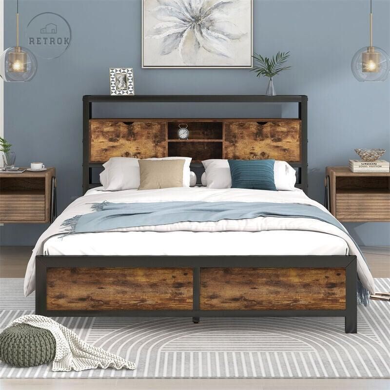 Lit avec fonction de rangement pour adolescents - Lit double avec tête de lit à rangement et sommier métallique - Lit d'enfant style industriel