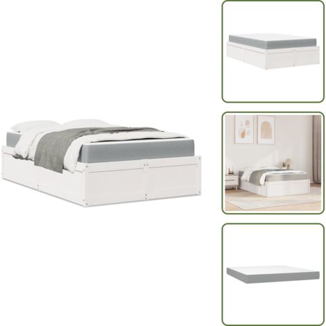 Lit avec matelas blanc 140x190 cm bois massif de pin - Lit Double - Lit Plateforme - Lit Bois Massif - Matelas Ressorts Ensachés - Literie Blanche