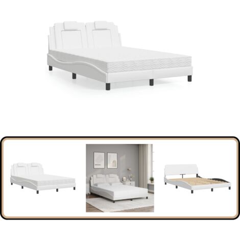 Lit avec matelas blanc 140x190 cm similicuir - Lit Double - Lit Plateforme - Lit Design - Lit Confortable - Matelas Mousse