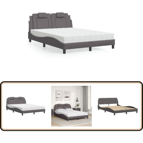 Lit avec matelas gris 140x190 cm similicuir - Lit Double - Lit Plateforme - Lit Design - Lit Confortable - Matelas Mousse
