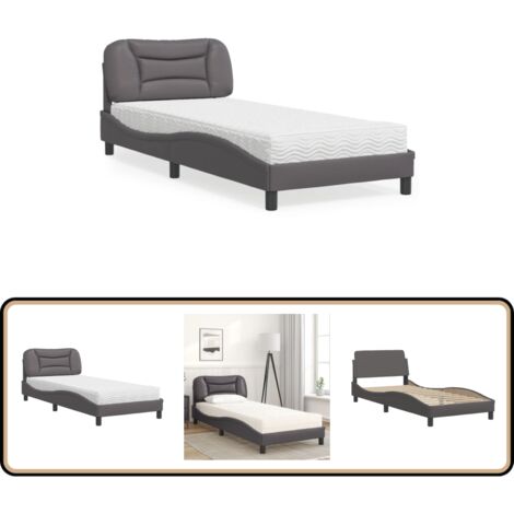 Lit avec matelas gris 90x190 cm similicuir - Lit Double - Lit Plateforme - Lit Design - Literie - Sommier Tapissier