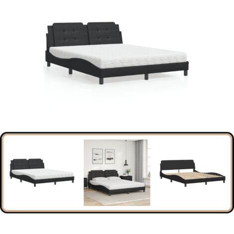Lit avec matelas noir 160x200 cm similicuir - Lit Double - Lit Confortable - Lit Design - Cadre Lit - Matelas Mousse