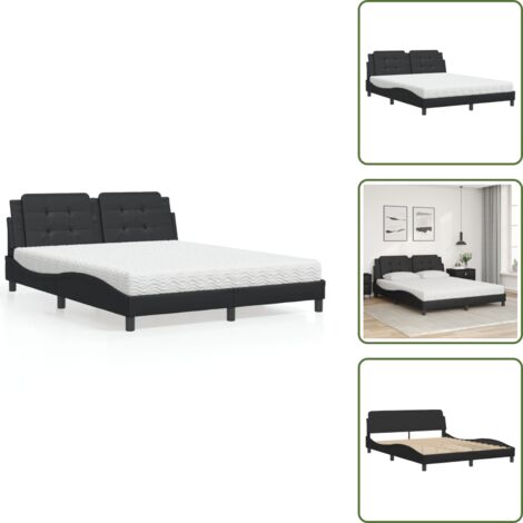 Lit avec matelas noir 160x200 cm similicuir - Lit Double - Lit Confortable - Lit Design - Cadre Lit - Matelas Mousse
