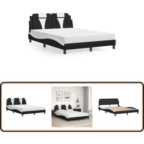 Lit avec matelas noir et blanc 140x190 cm similicuir - Lit Double - Lit Confortable - Lit Design - Cadre Lit - Matelas Mousse