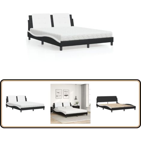 Lit avec matelas noir et blanc 160x200 cm similicuir - Lit Double - Lit Plateforme - Lit Design - Literie - Sommier Tapissier