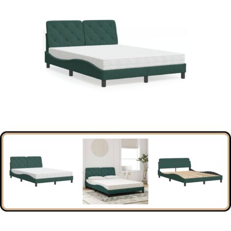 Lit avec matelas vert foncé 140x190 cm velours - Lit Double - Lit Design - Lit Velours - Lit Avec Matelas - Literie