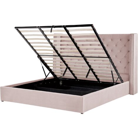 Lit avec Rangement 180 x 200 cm en Velours Rose Tête de Lit Capitonnée Glam Lubbon - Rose