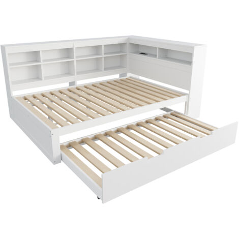 Lit avec rangement en bois blanc 140x200 cm avec lit gigogne 90x190 cm, prise USB intégrée