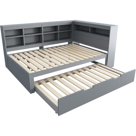 Lit avec rangement en bois gris 140x200 cm + lit gigogne 90x190 cm, prise USB intégrée