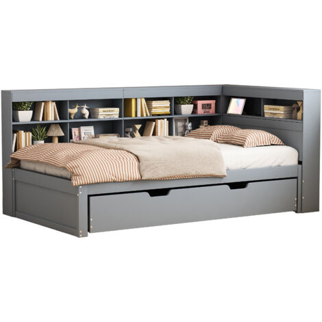 Lit avec rangement en bois gris 90x200 cm avec lit gigogne 90x190, port USB et sommier à lattes