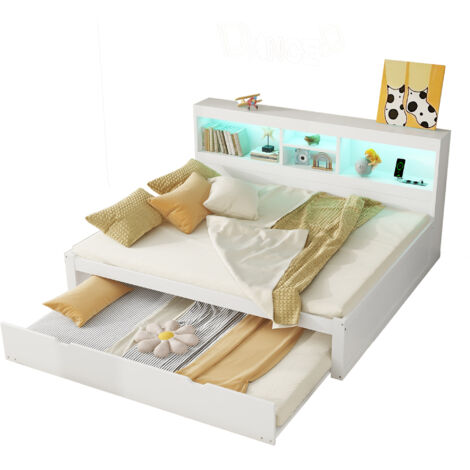 Lit avec rangement en panneaux de particules blanc 140x200 cm avec lit gigogne, LED, prises + USB (sans matelas)