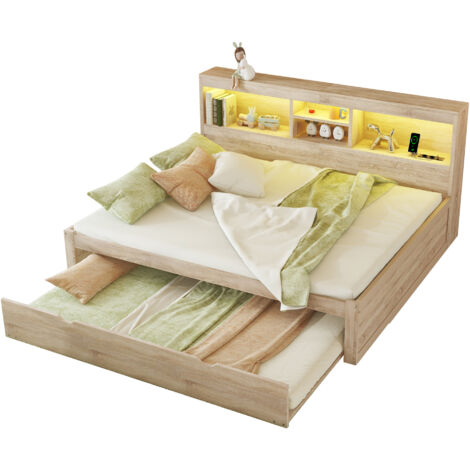 Lit avec rangement en panneaux de particules naturel 140x200 cm, LED + prises/USB, lit gigogne 90x190
